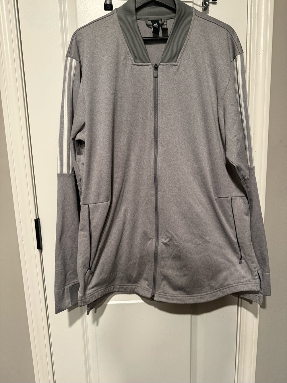 ADIDAS Men's Grey Lightweight Zip-Front Shirt Jacket with Signature Stripes